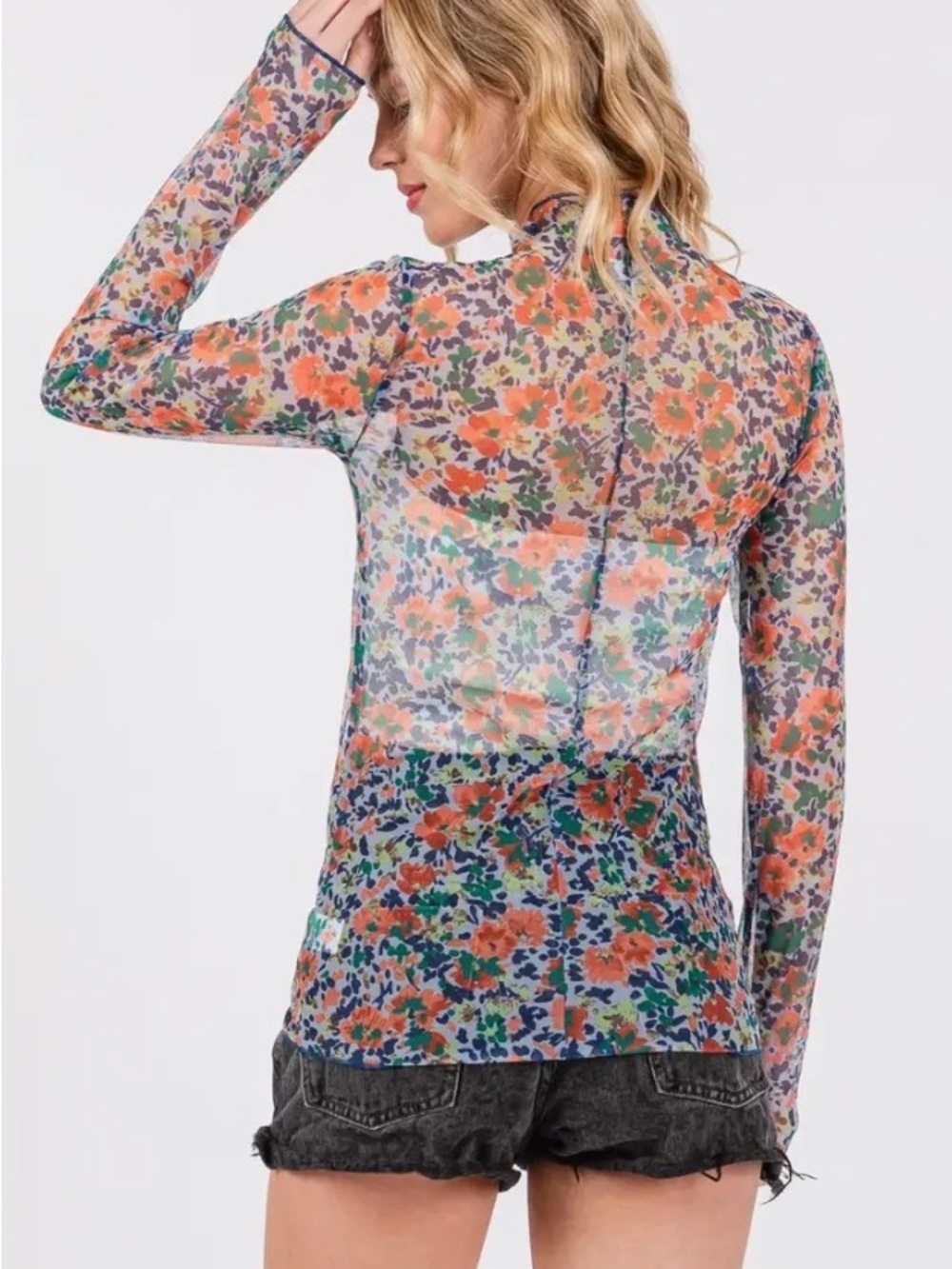 Sage + Fig Vintage-Inspired Orange & Blue Sheer Mesh Top - Picture 6 of 6